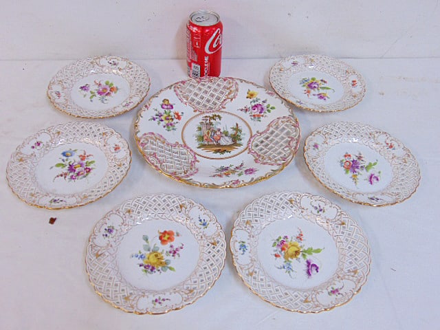 Dresden porcelain platter with 6 smaller bread plates, reticulated & floral decorated, large platter (1 of 6)