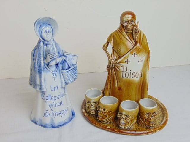 Rare Schafer & Vater grim reaper decanter with 4 cups on small tray, plus blue & white German (1 of 8)