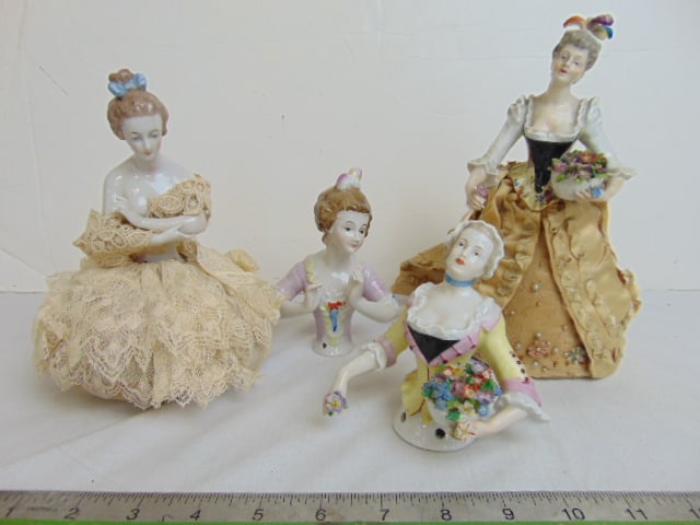 4 pin cushion dolls, 2 upper porcelain body only & 2 complete, tallest one is 8.5", in good (1 of 8)