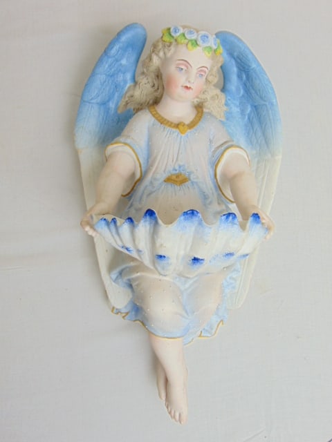 Bisque porcelain holy water basin, angel holding shell form basin, 14" tall, 7.75" wide, in good (1 of 5)