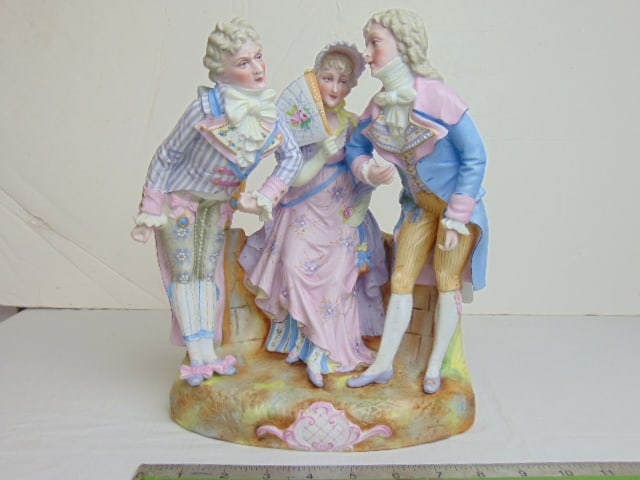 Bisque porcelain group, 3 figures, 2 man courting a lady with fan, in pastel colors, height is 11", (1 of 6)