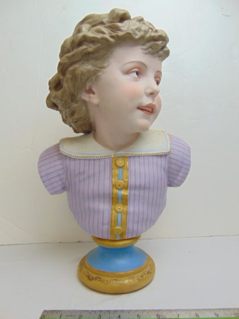 Large F.B & Co bisque porcelain bust of a young boy, gilt accents, 17" tall, in good condition. (1 of 5)