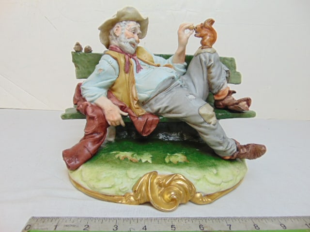 Capodimonte figural, hobo on a bench feeding a squirrel, signed B. Merli 10" by 8", height is 7 (1 of 6)