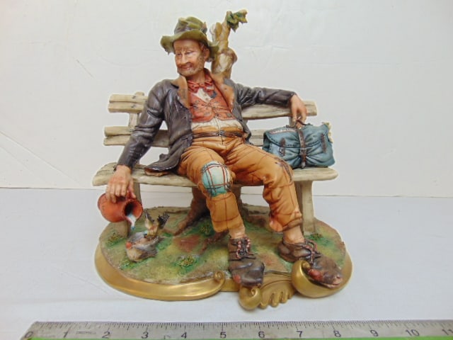 Capodimonte figural, hobo on a bench watering birds, 10" by 8", height is 9.75" (1 of 5)