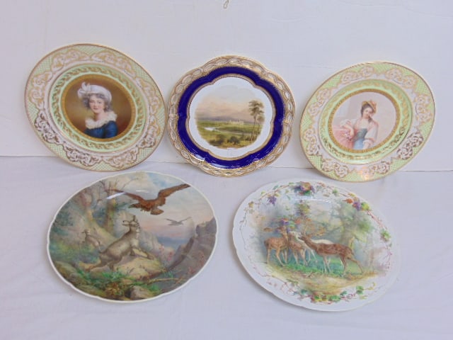 5 decorative porcelain plates, 2 Sevres plates with animal, deer scenes, 10 5/8", two Royal Vienna: 5 decorative porcelain plates, 2 Sevres plates with animal, deer scenes, 10 5/8", two Royal Vienna portrait plates, "Elisabetta Le Brun di se stessa" & "Comtesse de Harcourt", both with beehive mark, 