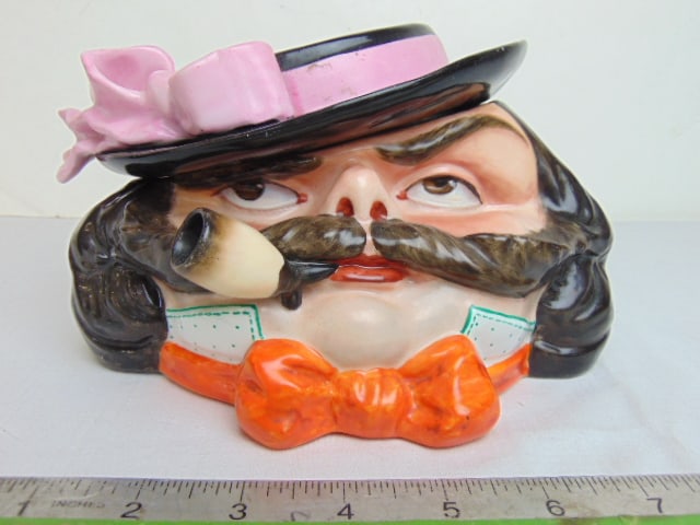 Ceramic figural ashtray, man with cigar, hat has perforated top, unusual, 8" wide, 5" tall (1 of 4)