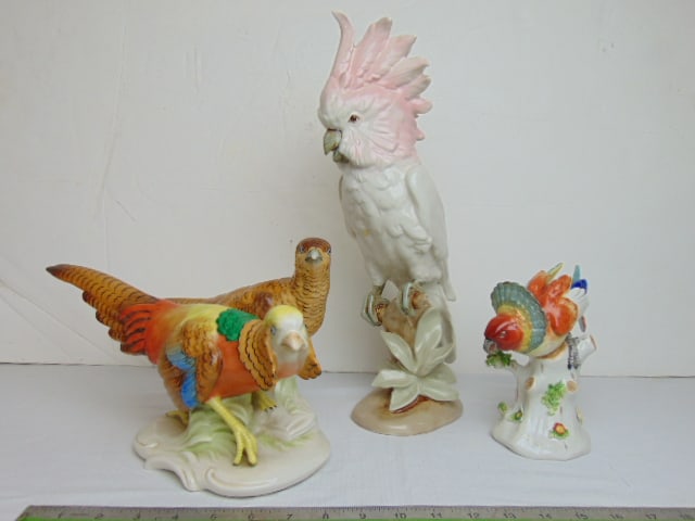 3 porcelain bird figurines, Royal Dux parrot, Sitzendorf pheasant group & unmarked porcelain parrot (1 of 12)