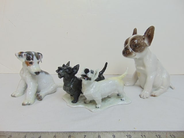 3 porcelain dog figurines, Rosenthal bulldog, 7 1/8" tall, Rosenthal terrier, Prof. Karner &: 3 porcelain dog figurines, Rosenthal bulldog, 7 1/8" tall, Rosenthal terrier, Prof. Karner & Rosenthal figure of two Scottish Terriers, (restored condition)