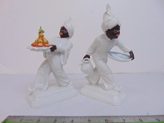 Two Rosenthal Blackamoor figurines, one with fish platter, one with fruit platter, 7" tall (1 of 5)