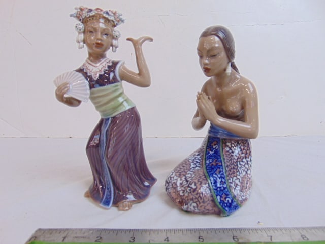 2 porcelain Thai figurines by Dahl Jensen, Copenhagen, Denmark, dancer with fan 7.25" tall girl (1 of 6)