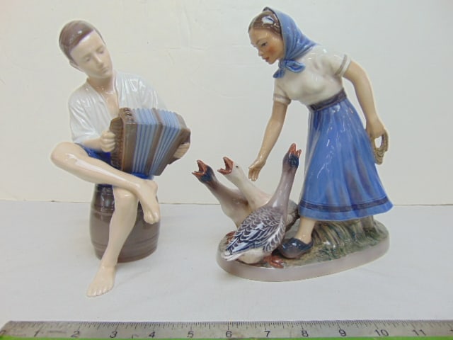 2 Danish porcelain figurines, B&G boy with squeeze box, 8.75" tall & Dahl Jensen Copenhagen figure (1 of 7)