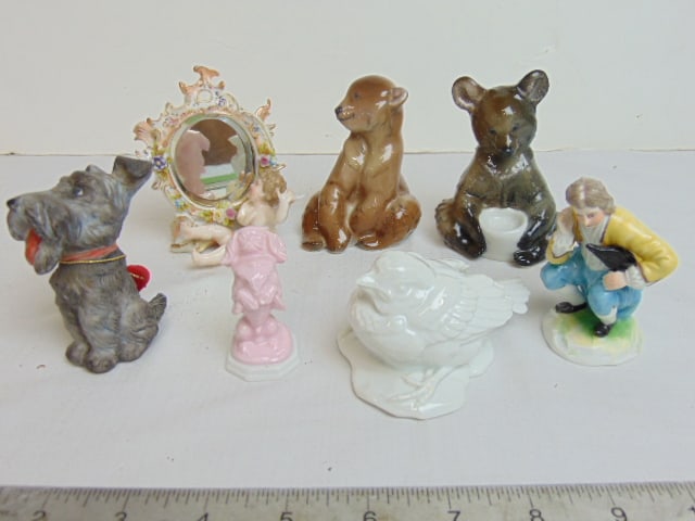 7 small porcelain figurines, putti by mirror (3 7/8" tall), 2 Rosenthal bears, white porcelain (1 of 9)