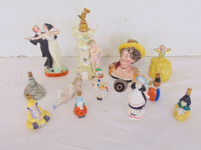 Collection of porcelain figural perfumes plus additions, tallest piece is 7.25" (1 of 5)