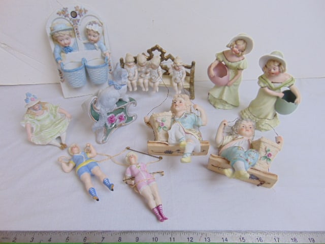 Lot of bisque porcelain figures, pair girl holding egg figurines, probably Heubach, 7" tall, 4 (1 of 14)