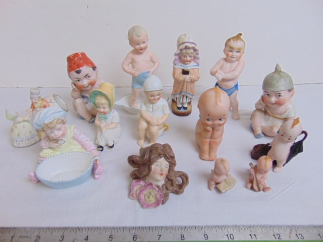 Large collection bisque porcelain kewpies, babies various small figurines, includes 14 pieces, (1 of 7)