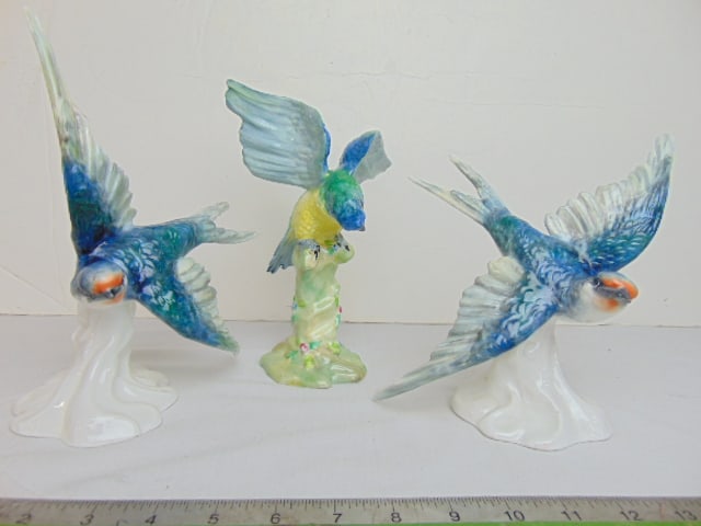 3 Staffordshire porcelain birds, "Parakeet", "Swallow" (two), by J.T. Jones, one swallow missing tip (1 of 8)