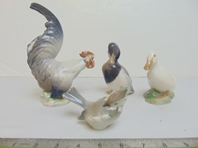 4 Royal Copenhagen figurines, 2 ducks, small bird & rooster, rooster is 7.25" tall, all in good (1 of 8)