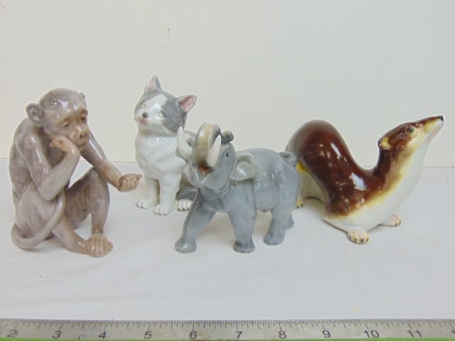 4 porcelain animal figurines, Karl Ens otter, Danish porcelain elephant, porcelain cat & B&G (1 of 10)