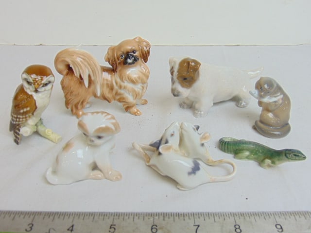 7 small porcelain animal figurines, dogs, owl, seal with fish, mice, various makes including B&G (1 of 11)