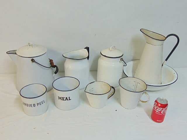 Collection white enamelware, includes was & bowl, two measuring cups, pitchers, cannisters, pitcher (1 of 8)