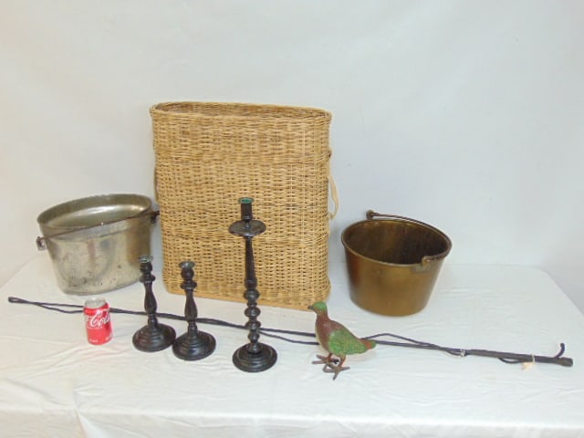 Misc.. lot, tall oval basket, whip, brass pail, metal bucket, cast iron painted pigeon, 3 painted (1 of 4)