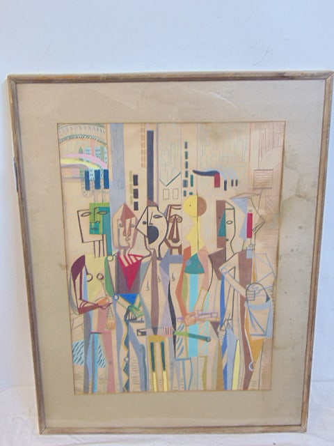 Painting, figures in city, Picasso style, unsigned, has water damage right margin, 23" by 17", (1 of 5)