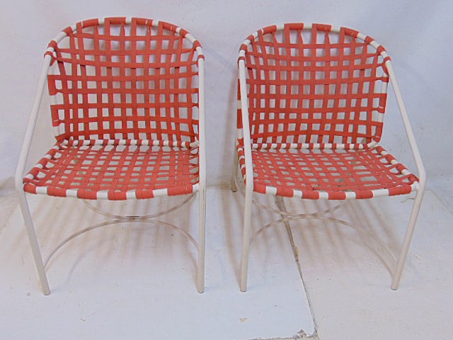 Pair Brown Jordan strap arm chairs, in red fabric webbing on white aluminum frames, chairs are (1 of 6)