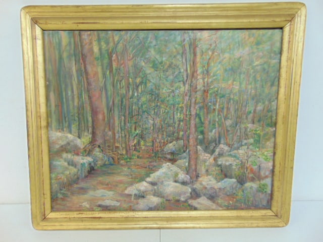 Painting, forest scene with boulders, unsigned, oil on canvas, canvas is 24" by 30", framed size is (1 of 4)