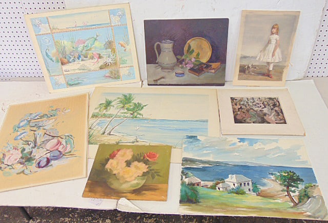 Art lot by Bill Yeiser, 2 still life paintings on panel, floral & objects, watercolor, girl with (1 of 10)
