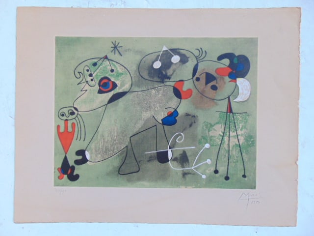 Original Joan Miro lithograph, "Composition sur Fond Vert", signed in pencil, dated 1950, edition (1 of 4)