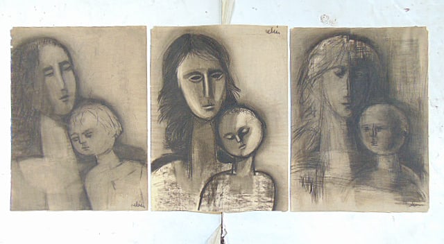 3 charcoal drawings, mother & child, by Paco Rebes, 24.25" by 18", each, unframed, two with matting (1 of 5)