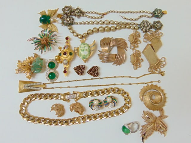 Jewelry. 20 pcs signed Vintage costume, gold tone, Natasha Stambouli pin w/ stones; GIVENCHY Paris (1 of 5)