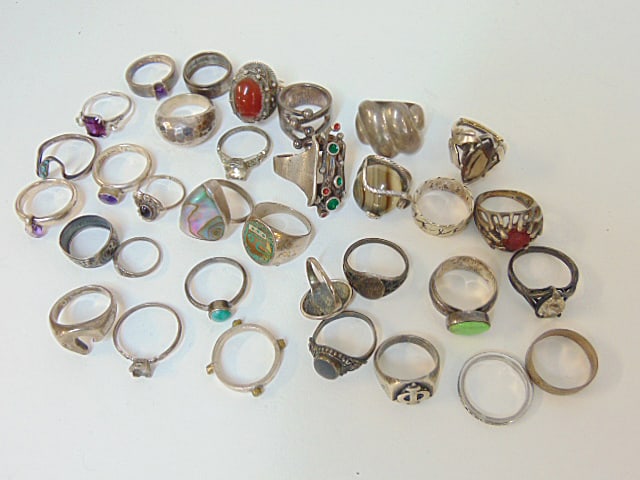 Jewelry. 32 Sterling Silver rings including AGE Anna Greta Eker Norway, Mexico inlaid mixed metal, (1 of 5)
