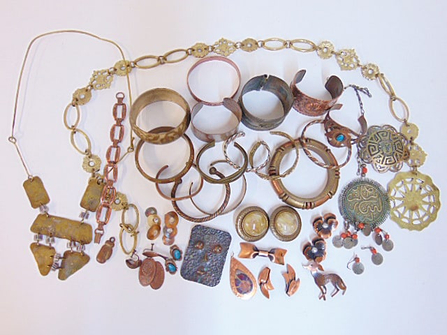 Jewelry. Collection of vintage copper & brass including Native American Navajo copper cuff, (1 of 8)