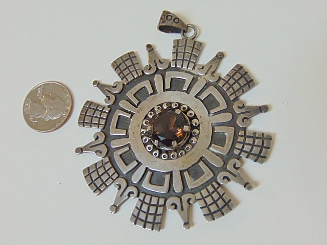 Jewelry. Vintage Sterling Silver MF hallmark Aztec pendant w/ smoky quartz center stone, 1.87 troy: Jewelry. Vintage Sterling Silver MF hallmark Aztec pendant w/ smoky quartz center stone, 1.87 troy oz, 3.25", signed MF Mexico, 925