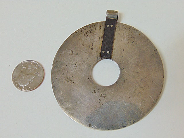 Jewelry. Vintage Sterling Silver Modernist disk pendant, 1.48 troy oz, 3 1/8", marked sterling w/: Jewelry. Vintage Sterling Silver Modernist disk pendant, 1.48 troy oz, 3 1/8", marked sterling w/ hallmark see photo