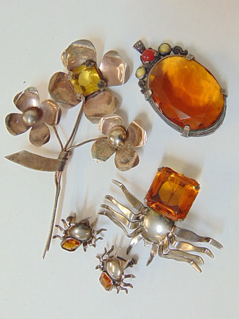 Jewelry. Vintage Sterling Silver "amber" spider brooch/pin w/ matching earrings citrus colored glass (1 of 5)