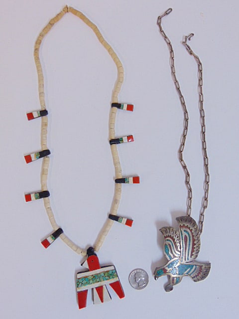 Jewelry. Vintage Santo Domingo Thunderbird coral & turquoise necklace & Vintage sterling inlaid (1 of 6)