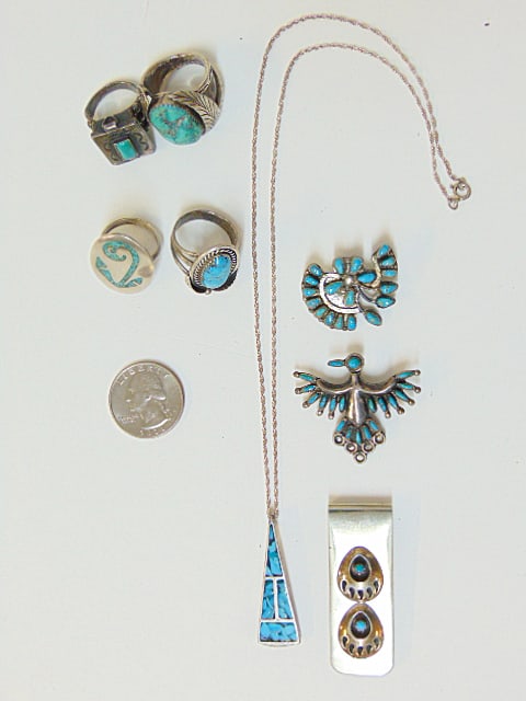 Jewelry. Southwestern, Zuni, Navajo, sterling collection including ,4 Vintage sterling silver rings, (1 of 6)
