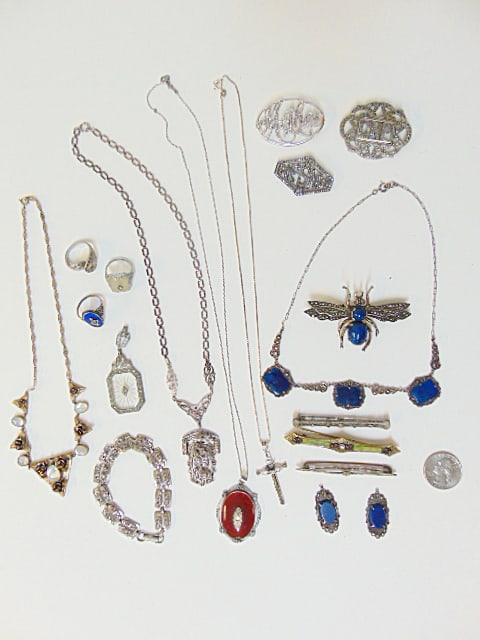 Jewelry. Art Deco collection including antique camphor glass pendant, etched camphor glass ring w/ (1 of 8)