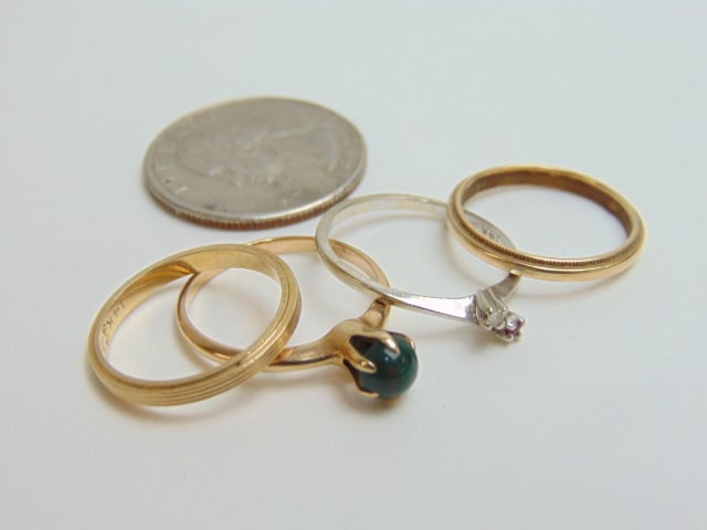 Jewelry. 4 GOLD rings/bands, 14kt, 3 yellow gold 1 white gold, size 6, 1.80 grams, inscribed w/ (1 of 5)