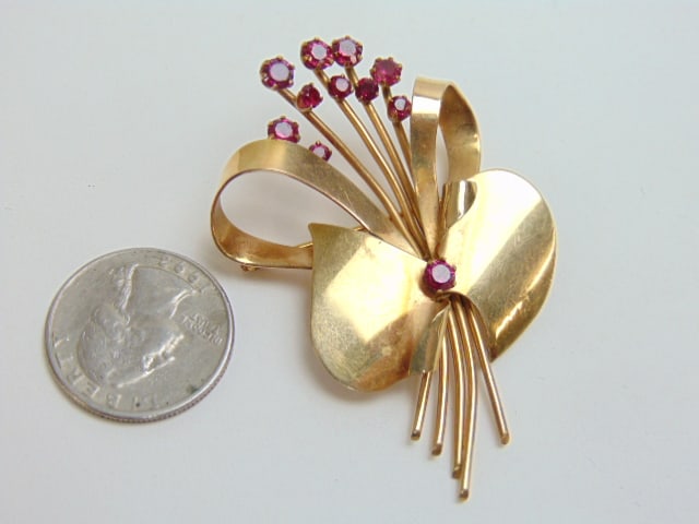 Jewelry. GOLD 10kt rose gold, Coro floral pin w/ pink gemstones, 12.30 grams, 2 1/2" length (1 of 4)
