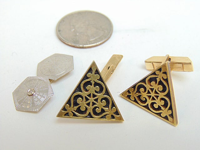 Jewelry. GOLD cufflinks 14k, 11.85 grams, filigree design w/ black onyx ? and single 14k white gold (1 of 3)