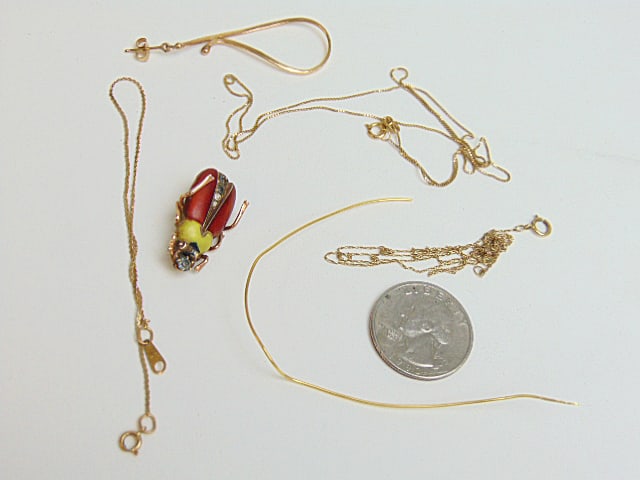 Jewelry. Misc. GOLD 14k enamel beetle pin 3.40 grams, 14k bracelet 2 thin necklaces & single earring (1 of 4)