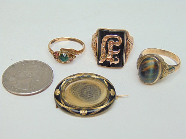 Jewelry. GOLD lot antique Victorian hair pin tested 10k, rose gold antique signet ring w/ diamond: Jewelry. GOLD lot antique Victorian hair pin tested 10k, rose gold antique signet ring w/ diamond chips & jet tested for 14k; tested for 14k antique tigers eye ring; tested 14k small green stone antiq