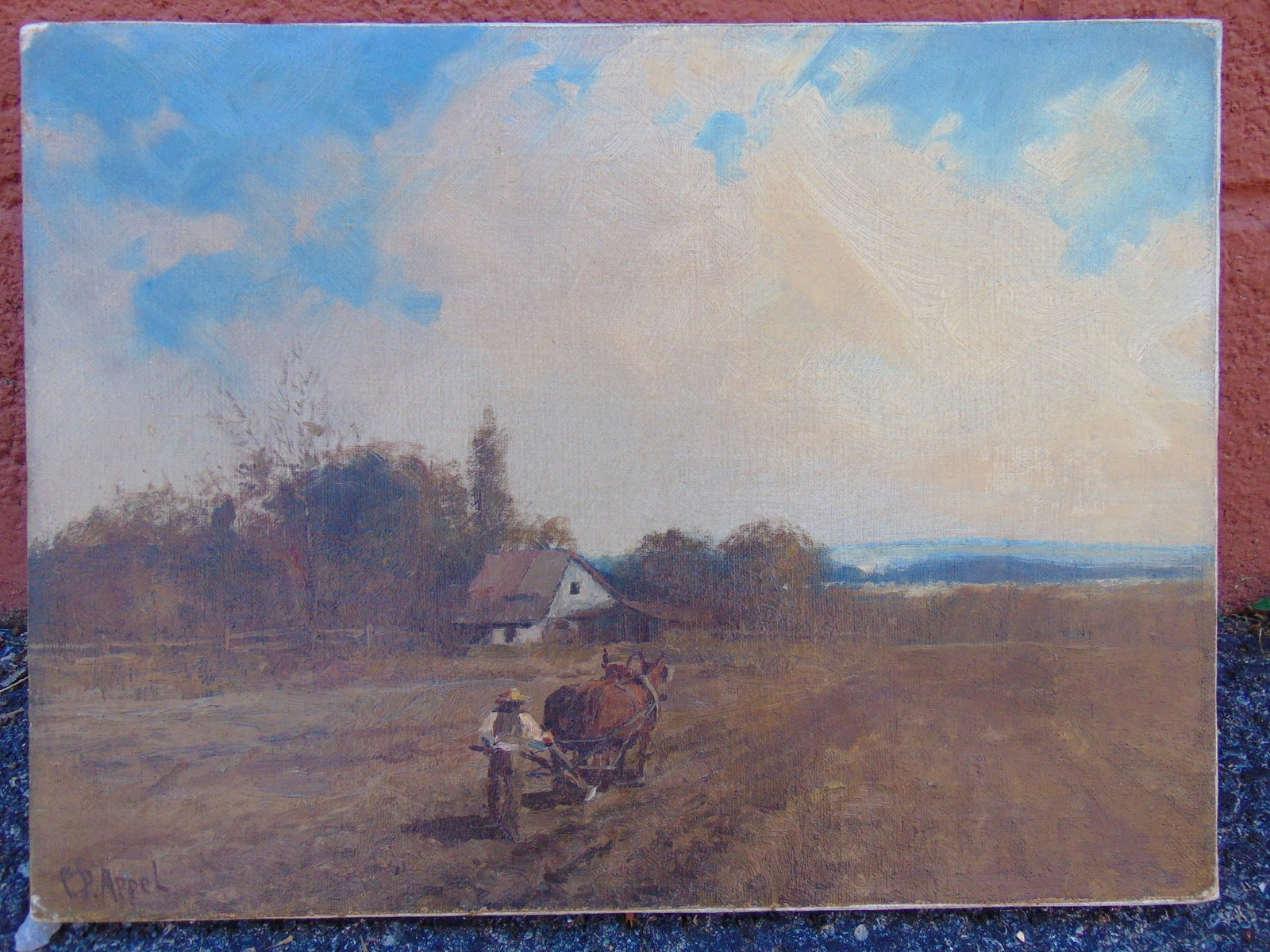 Painting, figure plowing field, signed C.P. Appel, (Charles), oil on canvas: Painting, figure plowing field, signed C.P. Appel, (Charles), oil on canvas showing fields by farmhouse being plowed by figure, canvas is 12" by 16", painting is relined.