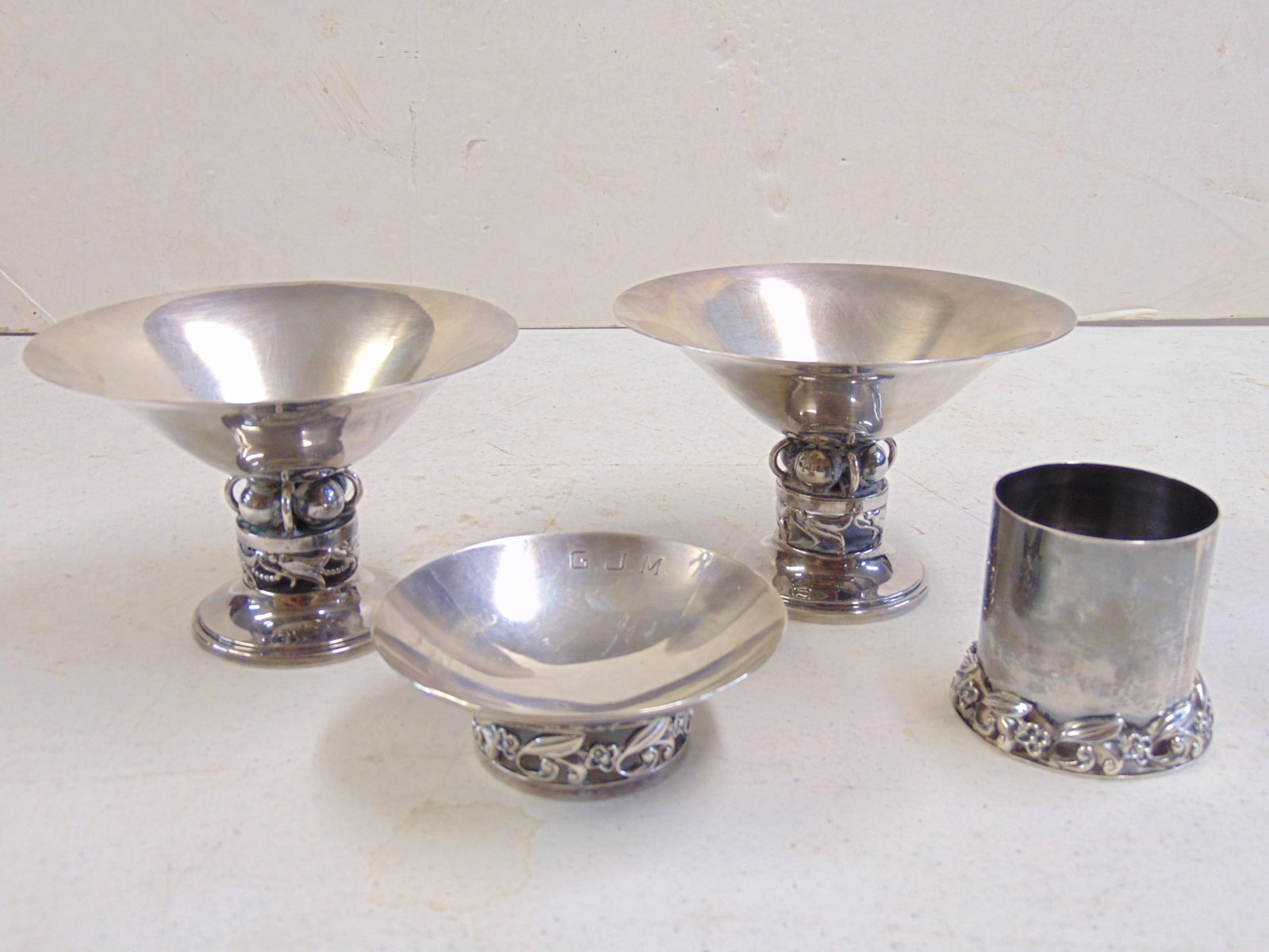 Sterling silver lot, marked J. Co, style of Alphonse La Paglia, includes pair compotes, 5" wide, 3 3 (1 of 9)