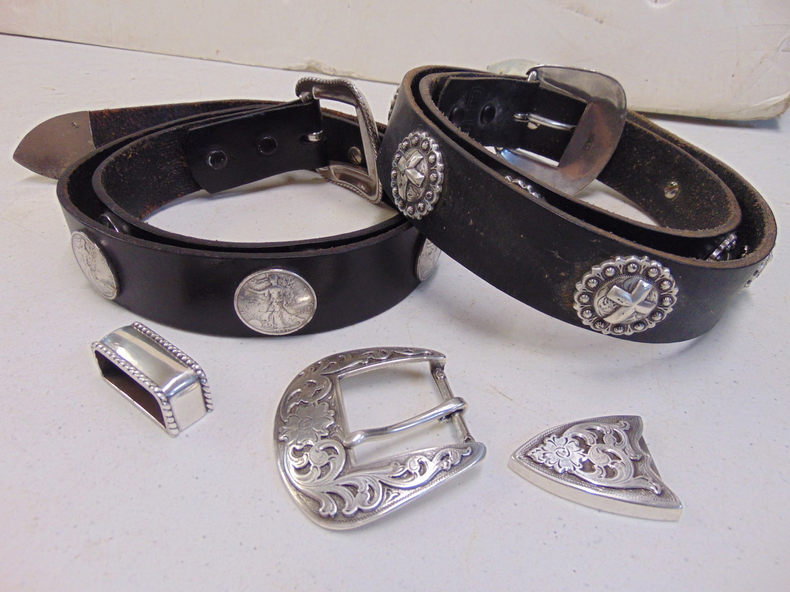 2 Leather belts, walking Liberty half dollar, 1943 RS Logo & Western belt cross conchos w/ "berry" b (1 of 9)