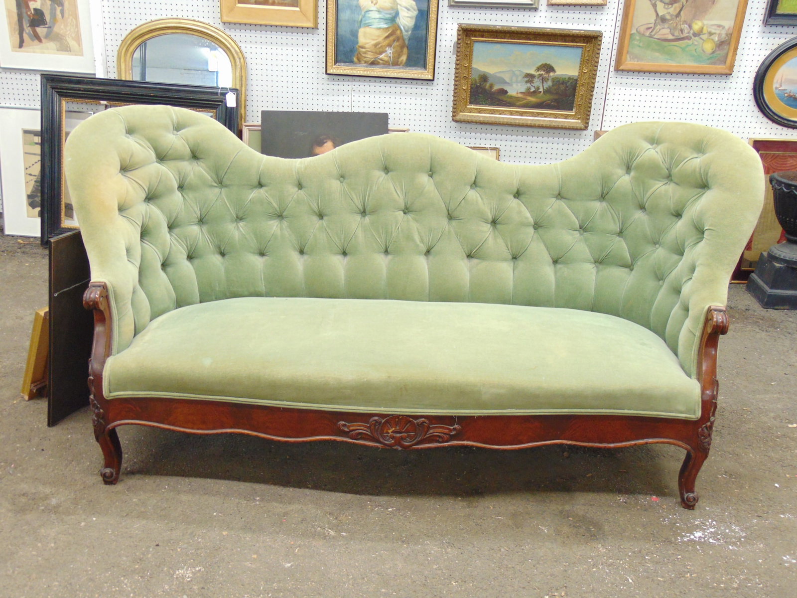 Green upholstered Victorian love seat with curved tufted back, 77" long, 31" deep, height is 37": Green upholstered Victorian love seat with curved tufted back, 77" long, 31" deep, height is 37"
