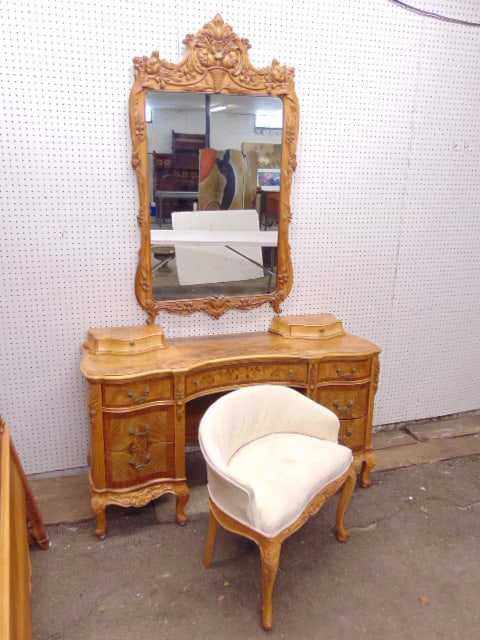 Art deco vanity with stool & carved mirror, floral inlaid & carved detail, has a worn spot on top su (1 of 5)